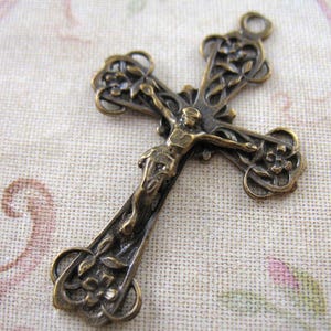 Delicate Solid Bronze Crucifix Flower Details Rosary Parts Religious Charms Catholic Jewelry Rosary Making Supplies Religious Jewelry