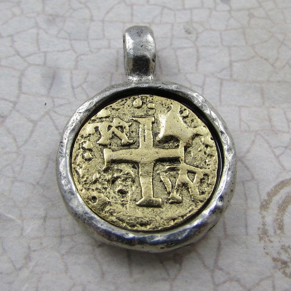 Ancient Cross Coin Charm Two Tone Bezel Pendant Religious Charms Antique Reproduction Pendants