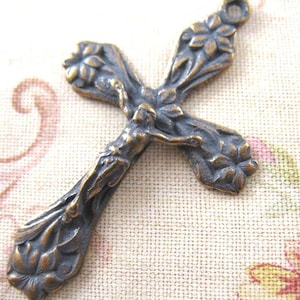 Crucifix with Lilies Solid Bronze Rosary Parts Religious Jewelry Supplies Religious Charms Catholic Pendants Rosary Making Supplies