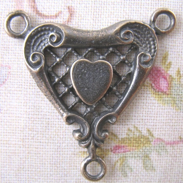 Large Center Connector Victorian Style Jewelry Supplies Rosary Parts Solid Bronze Findings Heart Jewelry