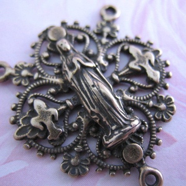 Pure Bronze Rosary Center Connector Large Fleur de Lis French Inspired Rosary Supplies