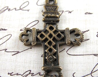 Solid Bronze Cross Diamond Pattern Rosary Parts Religious Charms Jewelry Findings Pendants