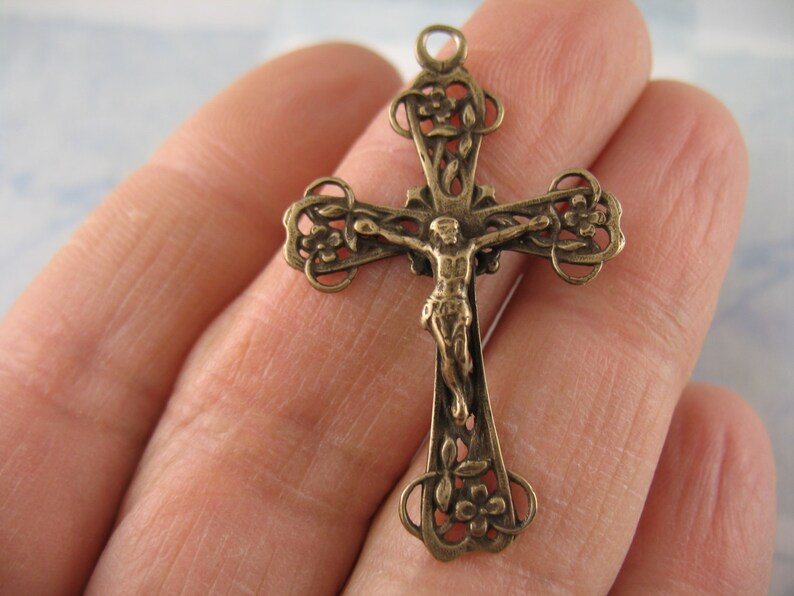 Bronze Crucifx Flower Details Solid Bronze Rosary Parts Religious Jewelry Supplies