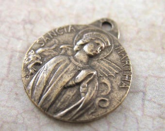 Small 5/8" Religious Charm Saint Martha and The Dragon Maria Solid Bronze Religious Charms Catholic Medals Rosary Parts