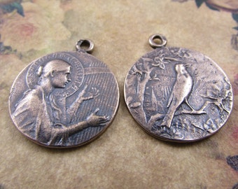 Religious Medal Saint Cecilia Solid Bronze Religious Medal Pendant Religious Charms Catholic Jewelry Musician Harp Player Rosary Parts