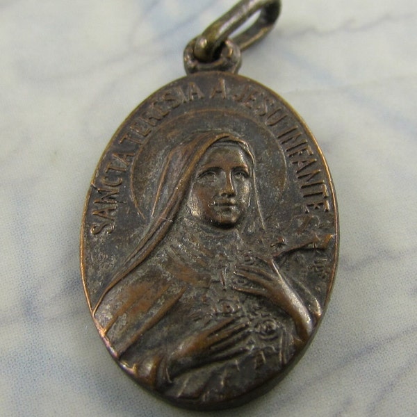 Vintage French Two-Sided Religious Medal Saint Teresa Blessed Mother Religious Charms Catholic Pendants Rosary Parts