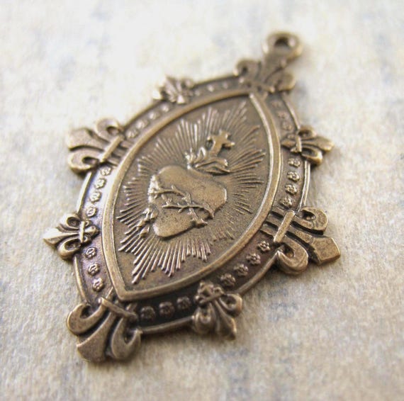 Solid Bronze Sacred Heart Fleur de Lis Pendant Religious Medal Religious Charms Catholic Religious Jewelry Rosary Parts