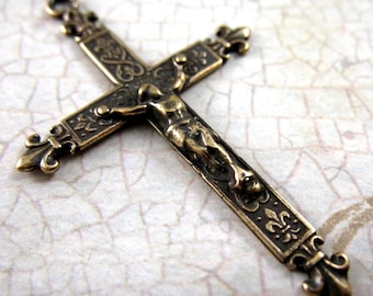Solid Bronze Crucifix Fleur de Lis French Rosary Parts Religious Charms Catholic Pendants Religious Jewelry Bronze Rosary Parts