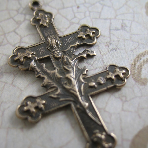 Cross of Lorraine Thistles Solid Bronze Rosary Parts Rosary Making Supplies Religious Jewelry Pendants Religious Charms Catholic Pendants