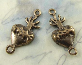 Two Solid Bronze Sacred Heart Milagros Links Rosary Parts Findings Religious Jewelry Catholic Jewelry Rosary Links