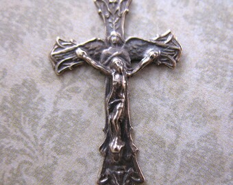 Small 1 and 1/8" Angel Crucifix Solid Bronze Rosary Parts Religious Charms Angel Catholic Pendant Religious Jewelry Faith Angel Pendant