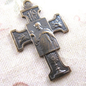 Small Solid Bronze Cross Lourdes Two Sided Catholic Medal Religious Charms Rosary Parts