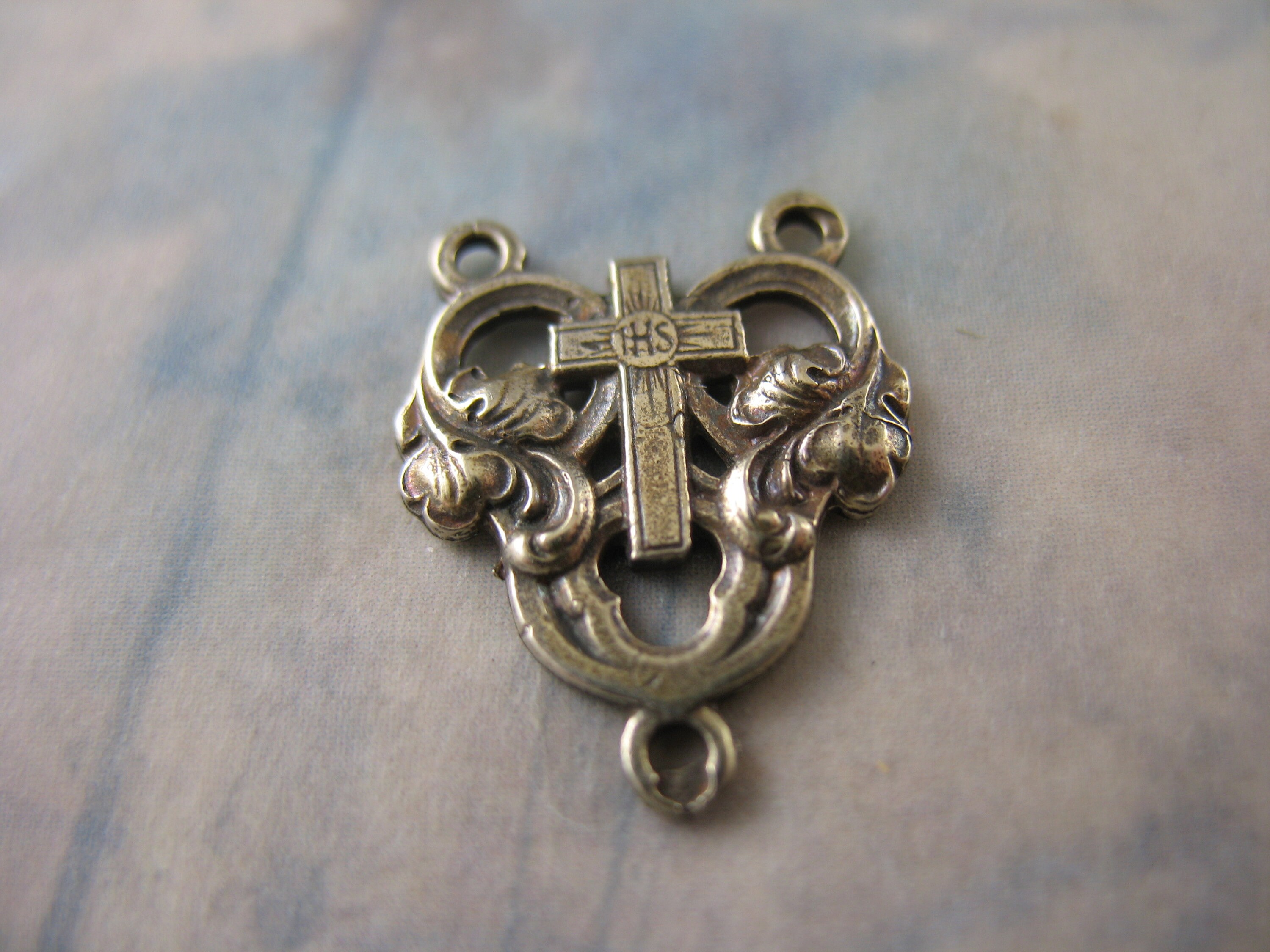 White Bronze Rosary Center Connector Scrolls and Crosses Rosary Parts…