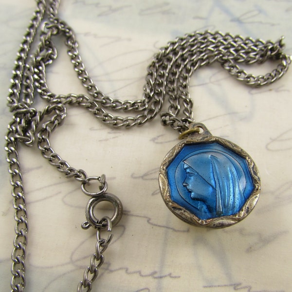 Vintage Religious Blue Enamel Medal Holy Water Holder Catholic Medals Religious Jewelry Vintage Pendant Necklace