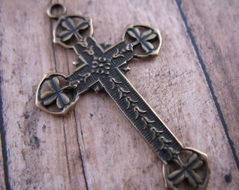 Cross With Shamrocks and Lilies Solid Bronze Rosary Parts Irish Catholic Pendant Religious Charms Religious Jewelry