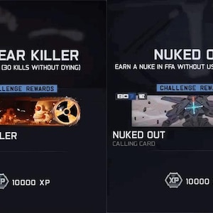 May include: Two digital calling cards with dark backgrounds. One card reads "NUCLEAR KILLER" with a skull and radiation symbol graphic. The other card reads "NUKED OUT" with a futuristic robot graphic. Both cards offer 10000 XP.