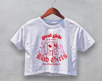 Power Girl Y2K Crop Top | Cute Bad Girls Go Everywhere Crop Tee, Y2K Girly Aesthetic Tee, Good Girls Go To Heaven Graphic Shirt