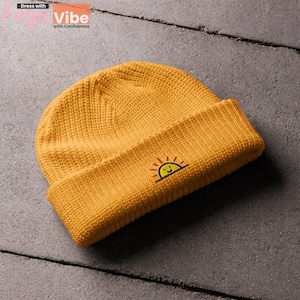 Smiley Sun Beanie Hat - Outdoor Cuffed Knit Hat for Hikers, Campers & Earth Lovers, Adventure Embroidery Beanies, Nature Eco Gift