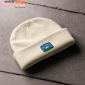 Mountain and Sky Beanie Hat - Outdoor Cuffed Knit Hat for Hikers, Campers & Earth Lovers, Adventure Embroidery Beanies, Nature Eco Gift