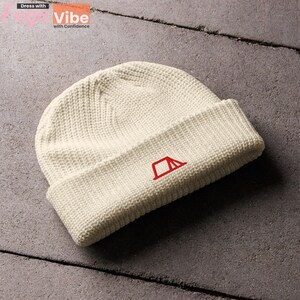 Camp Tent Beanie Hat - Outdoor Cuffed Knit Hat for Hikers, Campers & Earth Lovers, Adventure Embroidery Beanies, Nature Eco Gift