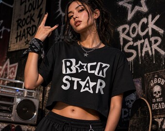 Rock Star Gothic Crop Top | Emo Metalcore Crop Tee, Grunge Girly Aesthetic Shirt, Witchy Girl Graphic Tee