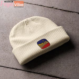 Mountain and Night Beanie Hat - Outdoor Cuffed Knit Hat for Hikers, Campers & Earth Lovers, Adventure Embroidery Beanies, Nature Eco Gift