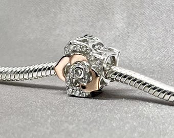 パンドラブレスレット用ローズゴールドフラワークリップチャーム、925