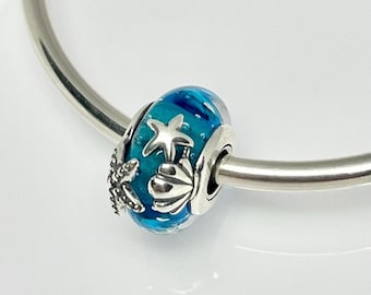 Charm de concha marina con forma de pez, de cristal de Murano azul, de plata de ley 925 auténtica, ideal para pulseras Pandora.