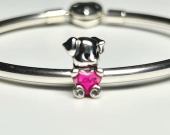 Cute Puppy Dog Charm Love Heart Family Pet Animal Genuine 925 Sterling Silver For Pandora Bracelet