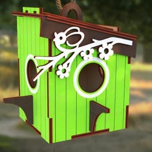 Birdhouse SVG File | Laser Cut Layered Birdhouse with Bird & Floral Design | Unpainted DIY Garden Decor for Glowforge