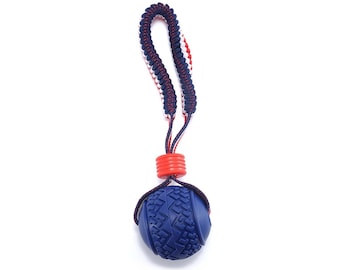 May include: Blue and red rope dog toy with a blue rubber ball on the end. The ball has a textured surface.
