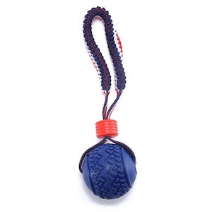 May include: Blue and red rope dog toy with a blue rubber ball at the end. The ball has a textured surface.