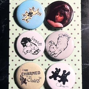 Puede incluir: Un conjunto de seis chapas circulares con varios diseños: una chapa azul claro con dos conejos, un retrato de una persona, una chapa rosa claro con una figura, una chapa gris con un conejo, una chapa beige con el texto I GOT CHARMED AT THE Clairo '24 TOUR y una chapa blanca con dos siluetas de conejos negros.