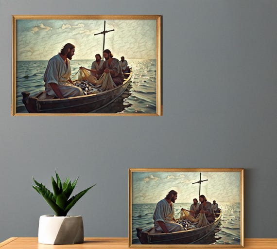 Fishermen Jesus and Disciples on Sea Boat | Religious Printable Art for Home Decor, Spiritual Inspiration, Christian Gift, Instant Download