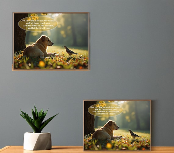 Dog and Bird -  Printable Wall Art Digital Download, Romantic Portrait, Vintage Style Home Decor, Christian Gift