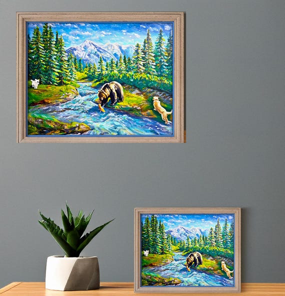 The Bear Colorful wall art print, digital download of mountain river landscape, vibrant home decor, nature wall art, DIY crafts, living room