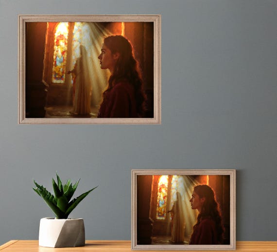 Woman in Church with Stained Glass Windows, Vibrant Art Print, Modern Home Decor, Instant Download Art, Colorful Religious Scene