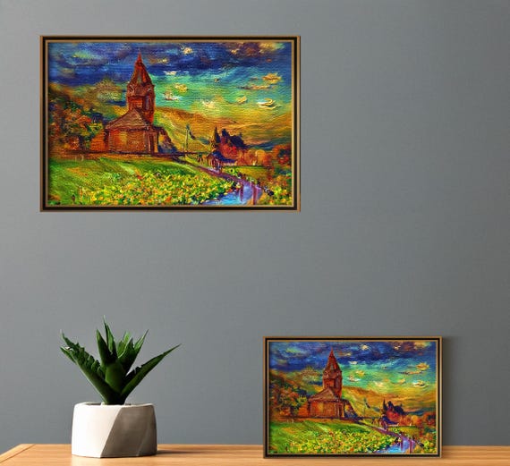 Church reflecting colors, Colorful Sunset Scene of Charming Church, Modern Home Decor, Printable Art for Living Room, Vibrant Landscape