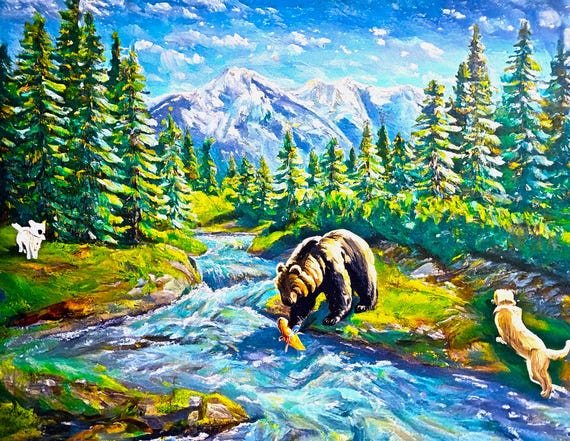 The Bear Colorful wall art print, digital download of mountain river landscape, vibrant home decor, nature wall art, DIY crafts, living room