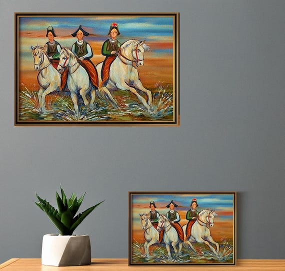 Three Horsemen Digital Wall Art, Vibrant Modern Home Decor, Colorful Art Print for Living Room, Horse Riding Illustration, Download Art
