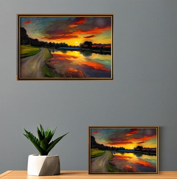 River Road Digital Wall Art Sunset Over Tranquil River, Vibrant Colorful Landscape Printable Art, Home Decor, Download Art for Living Room