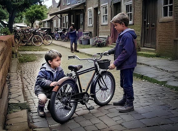 Boys with Bike     Wall Art Print – Kids Room Decor, Adventure Illustration,