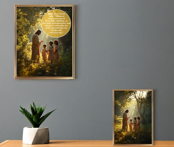 Jesus with Children Christian wall art digital download, faith decor, scripture wall art, religious printable, modern Christian art