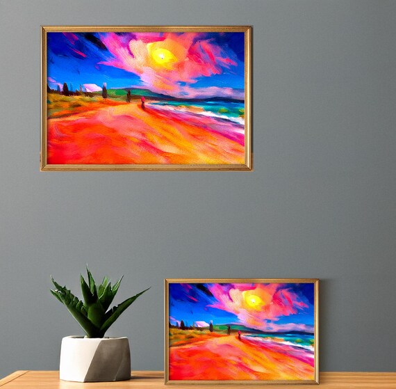 Colorful beach scene digital wall art, sunset art print, vibrant home decor, modern art for living room, instant download printable art