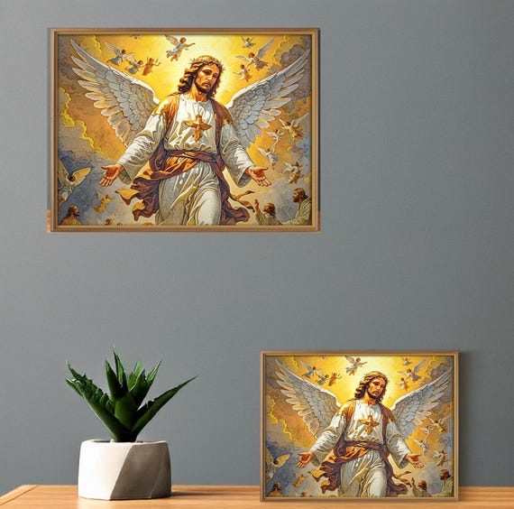 Gabriel Digital wall art of Jesus Christ with doves and angels, inspiring religious decor, art for home, modern spiritual home decor