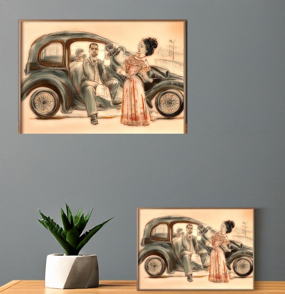 The New Car     Vintage-inspired wall art, colorful digital download, retro car and couple, home decor, printable art, vibrant wall decor