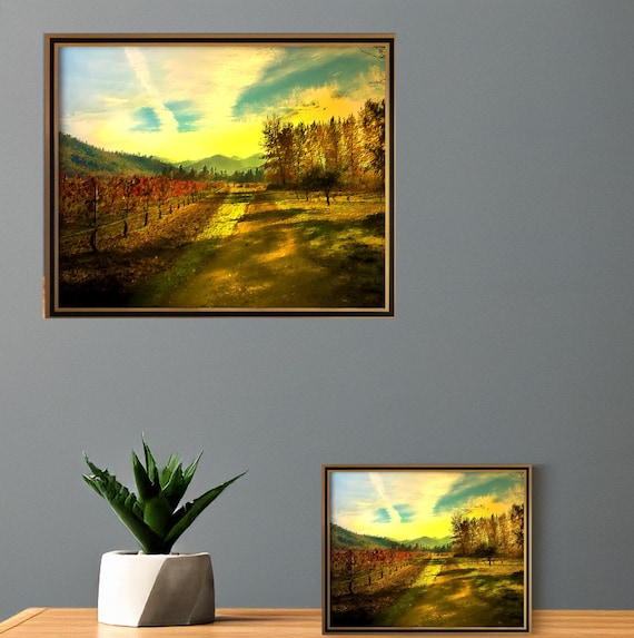 Vineyard Wall Art Print, Rustic Wine Country Decor, Vintage Vineyard Landscape Painting, Kitchen or Dining Room Decoration, Wine Lover Gift