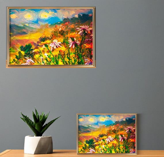 Flowers Colorful digital wall art, vibrant landscape scene, nature-inspired printable art for home decor, modern art print for living room.