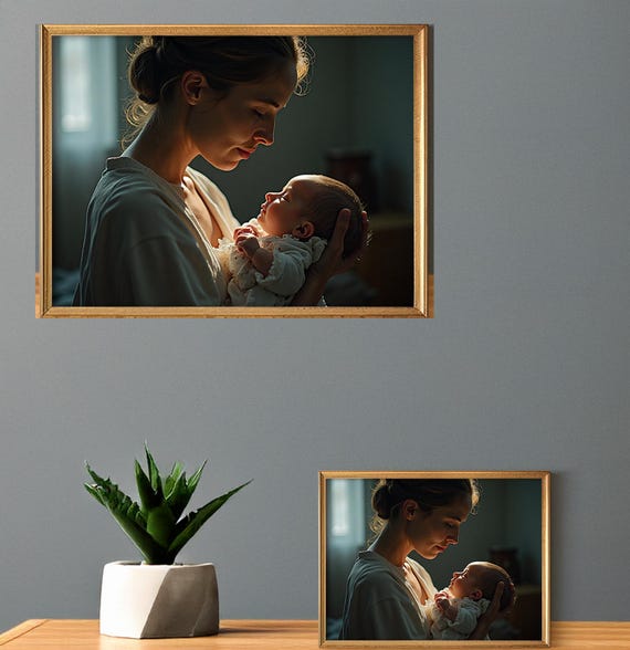 Woman and Baby     Art Print, Mother and Child Wall Decor, Nursery Room Decoration, Loving Family Illustration, Gift for New Moms & Babies