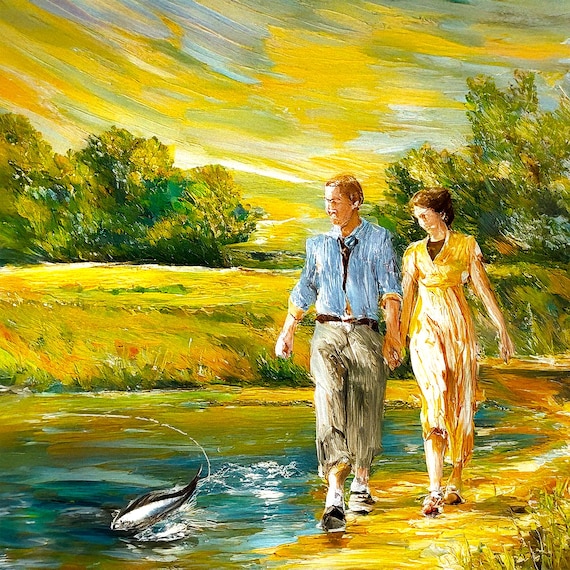Afternoon Walk           Cezanne style Colorful wall art print, digital download of mountain river landscape with couple, vibrant home decor